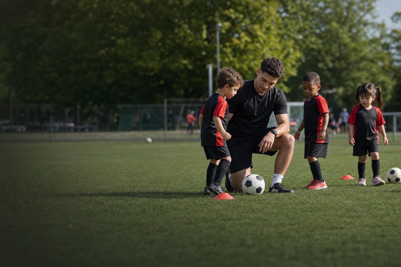 Jeunes enfants a Montreal qui apprennent les bases du soccer avec Footie Elite
