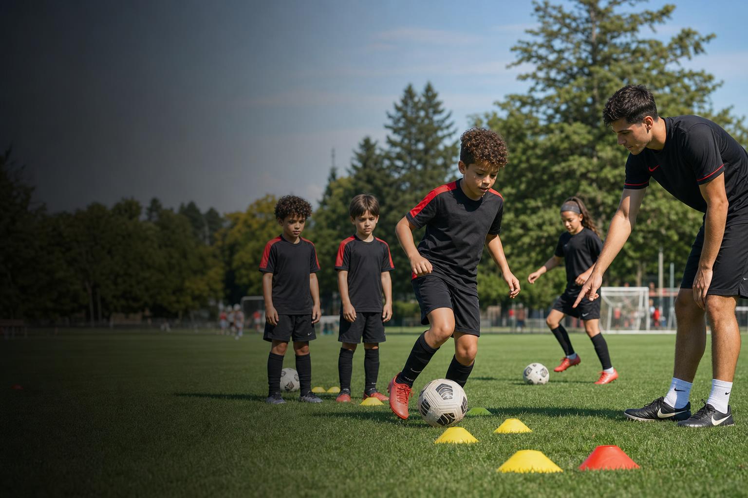 Enfants de 8 a 10 ans qui travaillent leur technique soccer a Montreal