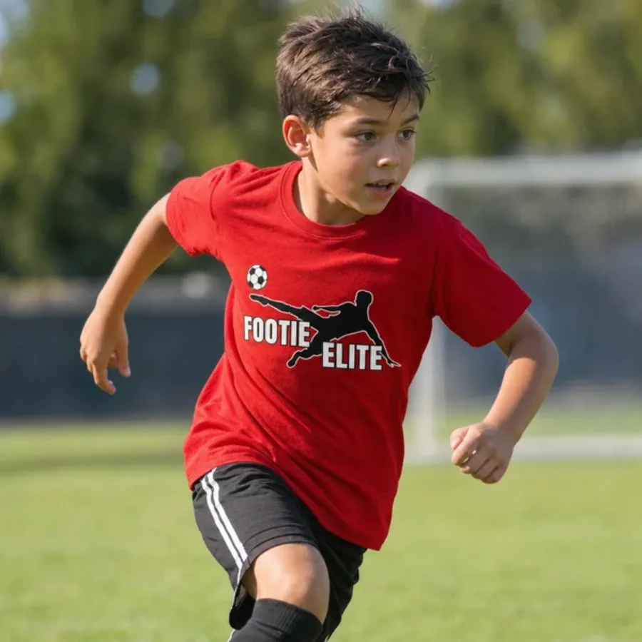 Young soccer player training in the optional Footie Elite camp T-shirt