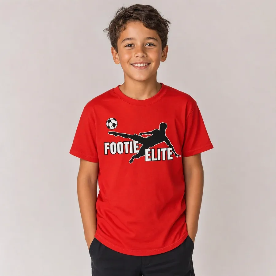 Child wearing the optional red Footie Elite camp T-shirt
